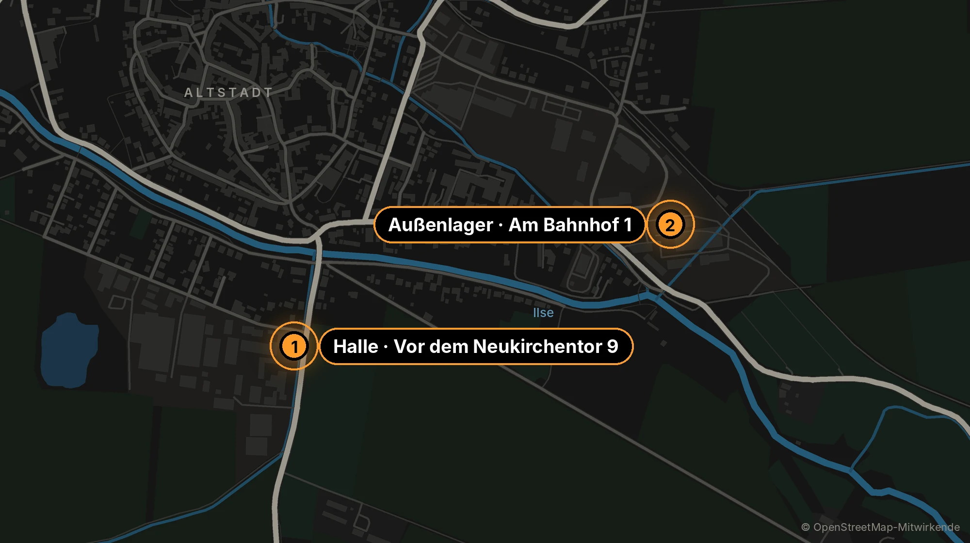 Karte von Osterwieck: Halle (1) Vor dem Neukirchentor 9 und Außenlager (2) Am Bahnhof 1